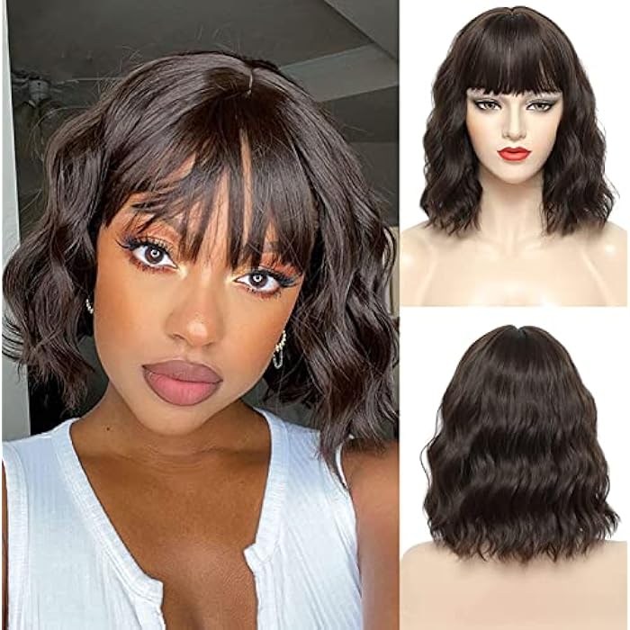 DILLARDS 14 Inch Short Wavy Dark Brown Bob Wigs With Bangs Short Dark Brown Curly Wig For Women,Heat Resistant Synthetic Natural Looking Cosplay Bob Wigs (Dark Brown) - Image 3
